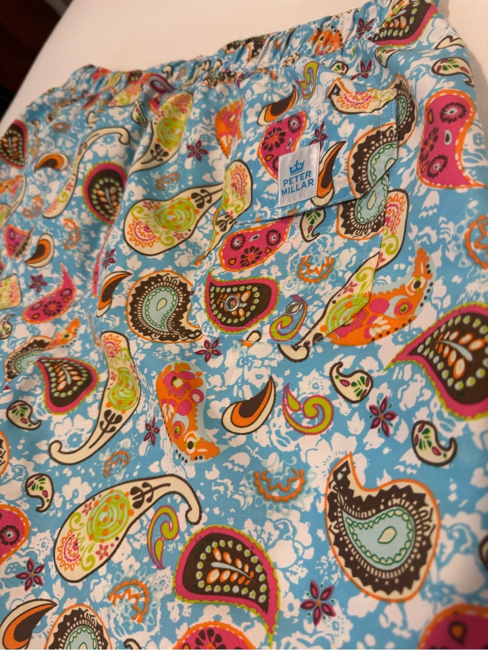 Peter Millar Sky Blue Paisley Swim Shorts with Multicolor Accents